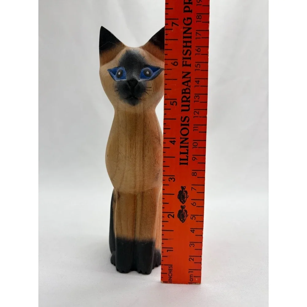 7'' Wood Siamese Cat Hand Carved Painted Figurine Made in Indonesia Blue Eyes